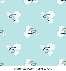 Snowman making snowball pile seamless vector repeat pattern design on orange background
