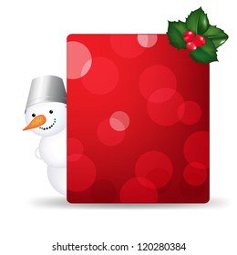 Snowman Man With Blank Gift Tag And Holly Berry With Gradient Mesh, Vector Illustration