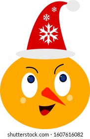 snowman mandarin cartoon character in a red hat with a pattern of snowflakes portrait on a white background concept of winter holidays and fruits