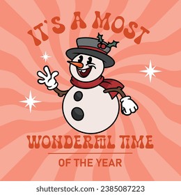 Snowman mascot character. Retro 30's cartoon. Vintage comic merry Christmas cdesign template. Vector illustration.