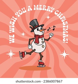 Snowman mascot character skating and whistling. Retro 30's cartoon. Vintage comic merry Christmas cdesign template. Vector illustration.