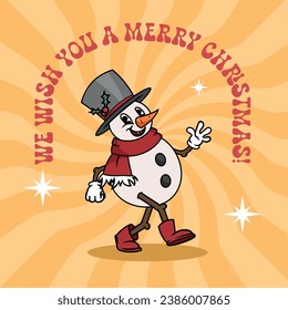 Snowman mascot character walking. Retro 30's cartoon. Vintage comic merry Christmas cdesign template. Vector illustration.