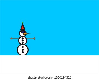 The snowman with the mask and a red winter hat in blue background.
