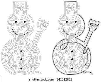 Snowman maze for kids with a solution in black and white