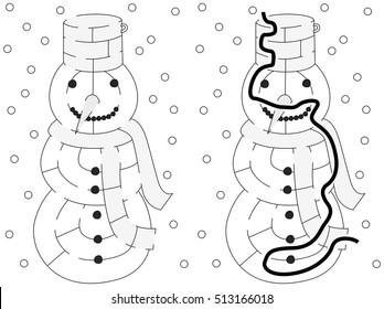 Snowman maze for kids with a solution in black and white