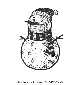 Snowman in medical mask sketch engraving vector illustration. T-shirt apparel print design. Scratch board imitation. Black and white hand drawn image.