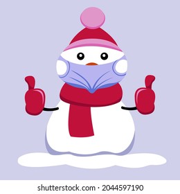 snowman in a medical mask. winter poster. the snowman raises his thumb. vector illustration. 