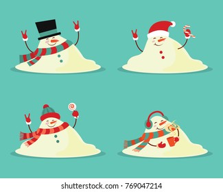Snowman melted. flat vector illustration in cartoon style isolation on a blue background.