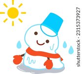 A snowman melting in the sun