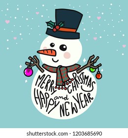 Snowman Merry Christmas and Happy New Year cartoon vector illustration