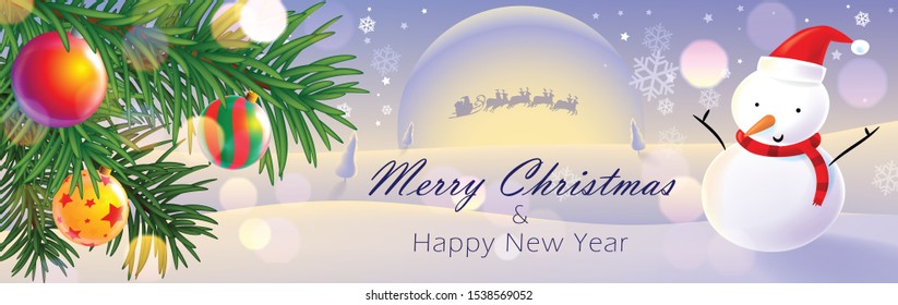 Snowman, merry christmas and happy new year. banner, Xmas sparkling lights. Horizontal christmas posters, cards, headers, website