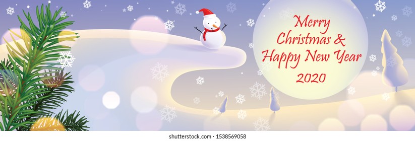 Snowman, merry christmas and happy new year. banner, Xmas sparkling lights. Horizontal christmas posters, cards, headers, website