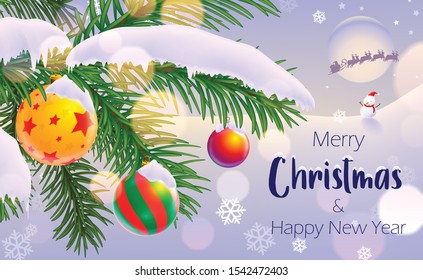 Snowman, merry christmas and happy new year. banner, Xmas sparkling lights. Horizontal christmas posters, cards, headers, website