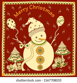 Snowman for Merry Christmas holiday greeting card background in vector