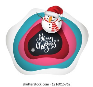 Snowman with Merry Christmas lettering for greeting card and poster advertising promotion New Year event. Vector illustration.