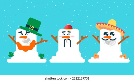 Snowman with mexican hat and mustache and carrot nose, wear chinese hat, Cute Snowman wear ireland hat with green clover, Flat avatar vector