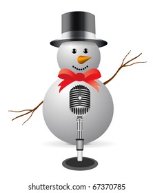 Snowman with microphone. Isolated on white background.