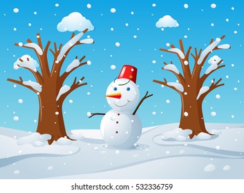 Snowman In The Middle Of The Snow Ground Illustration