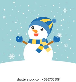 Snowman with mitten, hat, scarf rising arms in snowing background