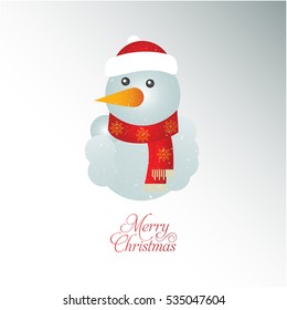 Snowman with mitten, hat, scarf rising arms in snowing background