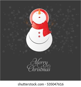 Snowman with mitten, hat, scarf rising arms in snowing night background