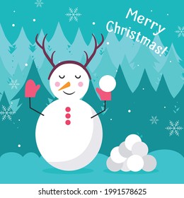 Snowman in mittens with antlers on his head, holding a snowball in his hands, next to him lies a bunch of stuck snowballs. The background consists of trees and snowflakes. Merry Christmas card. Flat