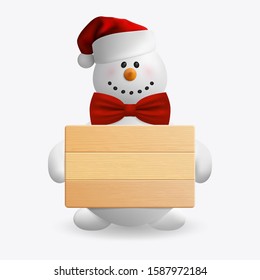Snowman mock up in a red hat with a bow that holds a wooden poster. Layout template for branding and product design. Easy to use for branding and marketing advertising.