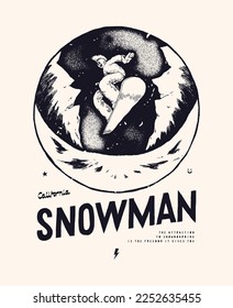 Hombre de nieve. Peces mohawk de snowboard. Ilustración vectorial vintage de tipografía vintage angustiada en invierno.