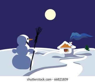 Snowman, moon and a hut