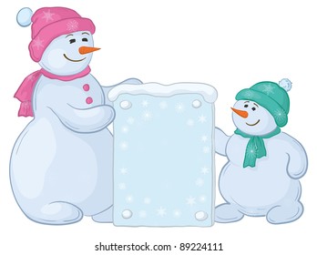 Snowman mother and son with a banner for your text. Vector