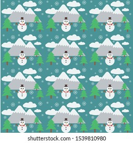 Snowman and  the mountain  in winter season. Holiday cartoon vector. Winter season background.