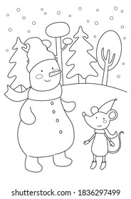 Hombre de nieve y ratón en el bosque. Página de coloreado para el libro de colorear. Ilustración vectorial de dibujos animados.