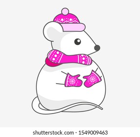 Snowman mouse in Santa hat, scarf and mittens. Happy New Year! Congratulation, postcard. Vector image