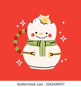 Snowman mug. Christmas cute cocoa chocolate cup. Childish print for cards, stickers, apparel, decoration. Cute menu illustration. Cute mug element, New year or winter holiday vector illustration