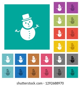 Snowman multi colored flat icons on plain square backgrounds. Included white and darker icon variations for hover or active effects.