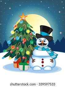 Snowman With Mustache Wearing A Hat And Blue Scarf With Christmas Tree  And Full Moon At Night Background For Your Design Vector Illustration