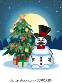  Snowman With Mustache Wearing A Hat And Bow Ties With Christmas Tree  And Full Moon At Night Background For Your Design Vector Illustration