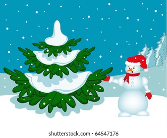 Snowman near Christmas tree.