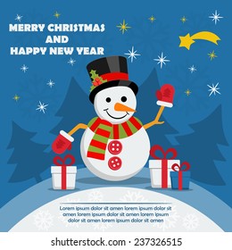 Snowman near gift boxes with ribbon and text below on Christmas Eve. Xmas and New Year greeting card template with falling snowflakes. Vector.