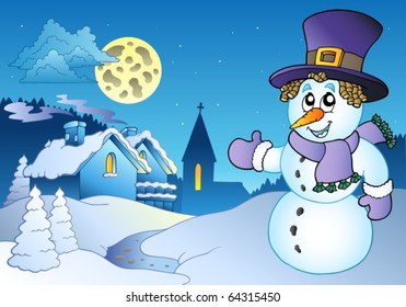 Snowman near small village - vector illustration.