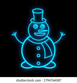 Snowman neon icon. Neon glowing symbol for new year and Christmas projects, greeting cards, banners, flyers. Bright sign. Editable stroke and blend. Flat vector illustration.