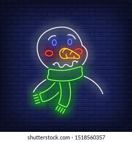 Snowman neon sign. Green scarf, carrot nose, snow. Vector illustration in neon style for topics like Christmas, Xmas, cute cartoon character