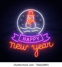 Snowman neon sign. Neon sign. Merry Christmas and Happy New Year banner, logo, emblem and label. Bright signboard, light banner. 