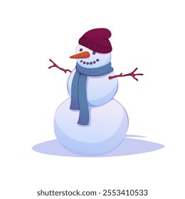 Snowman. New year and christmas winter symbol. Character costume in snow with hat and scarf. Poster festive banner and postcard decor. Print or sticker. Vector cartoon flat isolated xmas illustration