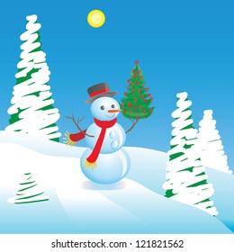 Snowman with a New Year tree. Vector illustration