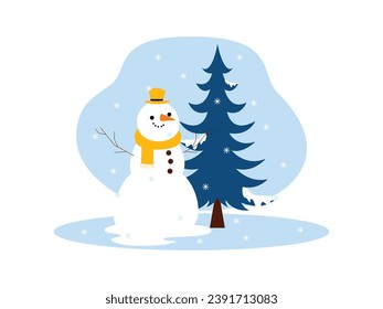 Snowman next to a small tree, snow falling heavily, winter vector illustration.