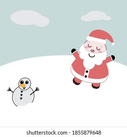 A snowman next to a smiling Santa Claus in his red suit on the white snow. Vector