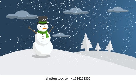Snowman at Night in Winter with Blue Sky