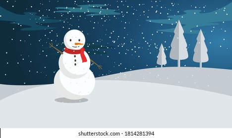 Snowman at Night in Winter with Blue Sky
