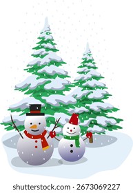Muñeco de nieve y abeto de Noruega. Nieve de invierno, ilustración de diseño de Vector.